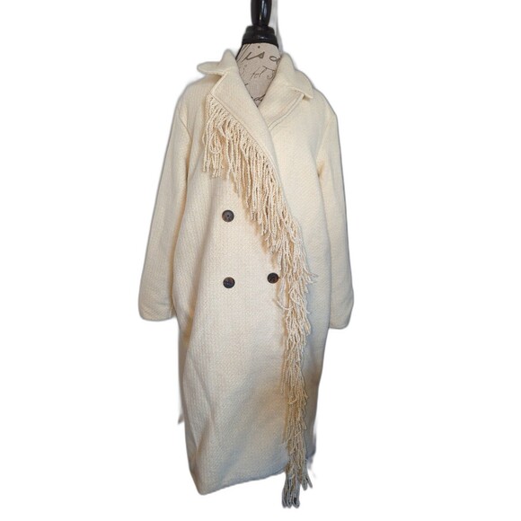 Women's Future Collective Notched Lapel Double Breasted Fringe Coat Cream Medium - Picture 4 of 8